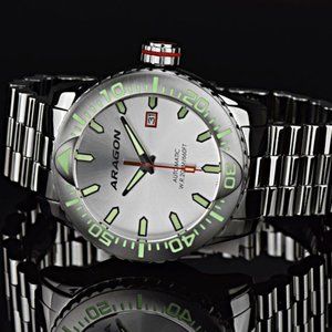 ARAGON Watch Automatic 45mm Polished 316L Stainless w/Silver SunRay Dial A314SLV